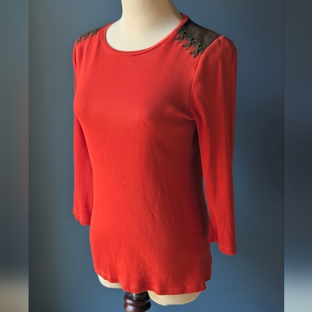 Ralph Lauren Ribbed Faux Suede 3/4 Sleeve Blouse Fall Ready Sz S Orange & Brown